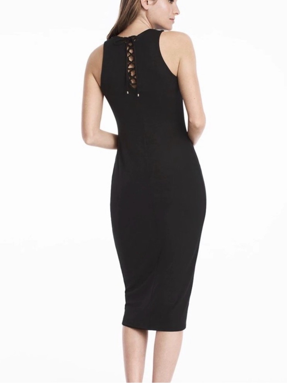 White House Black Market WHBM Black Column lace-up back midi dress